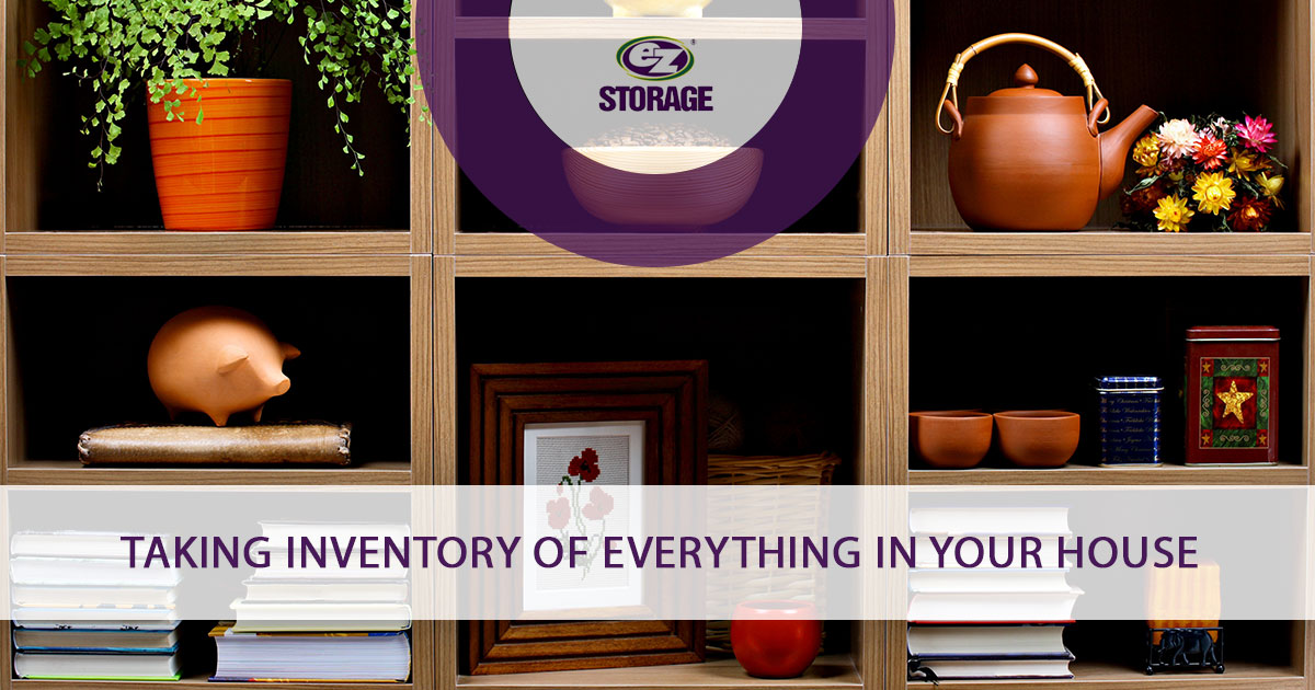 Cubbies filled with items from a home and text "Taking inventory of everything in your house"