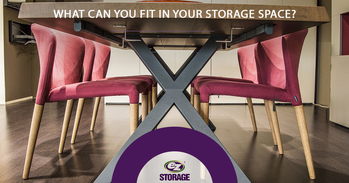 Underneath view of table with two pink chairs on either side and text "What can you fit in your storage space?"