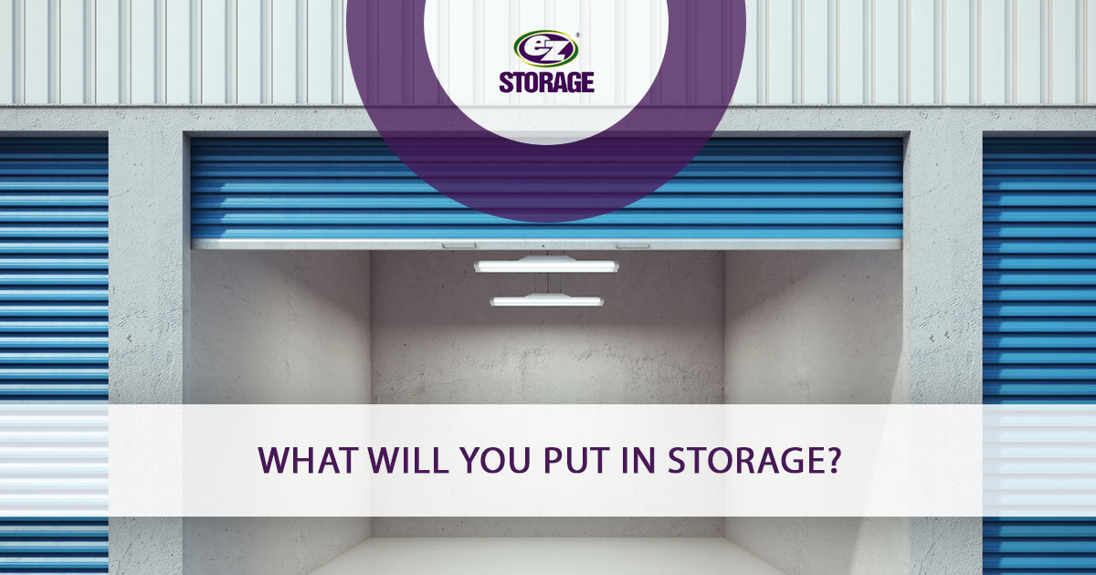 Opened storage unit locker with text "what will you put in storage?"