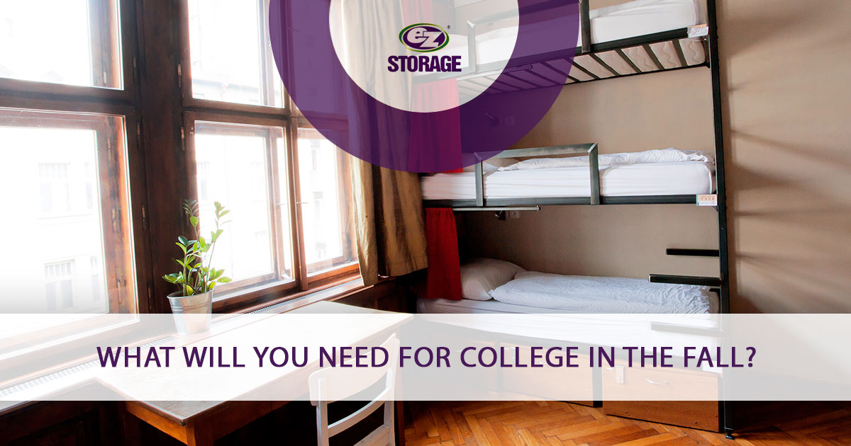 Dorm room with bunk bed and desk and text "What will you need for college in the fall?"