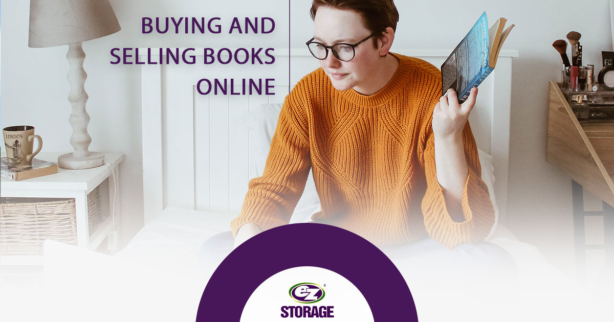 Woman holding a book while on her laptop with text "buying and selling books online"