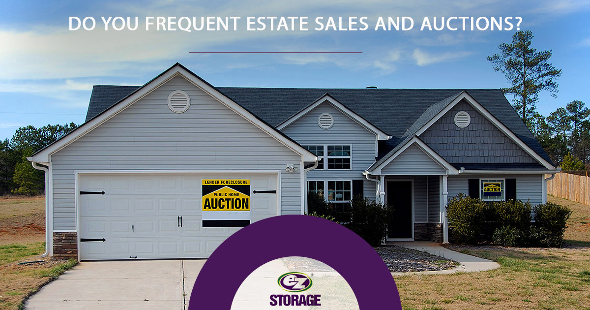 Outside view of home with signage and text "Do you frequest estate sales and auctions?"