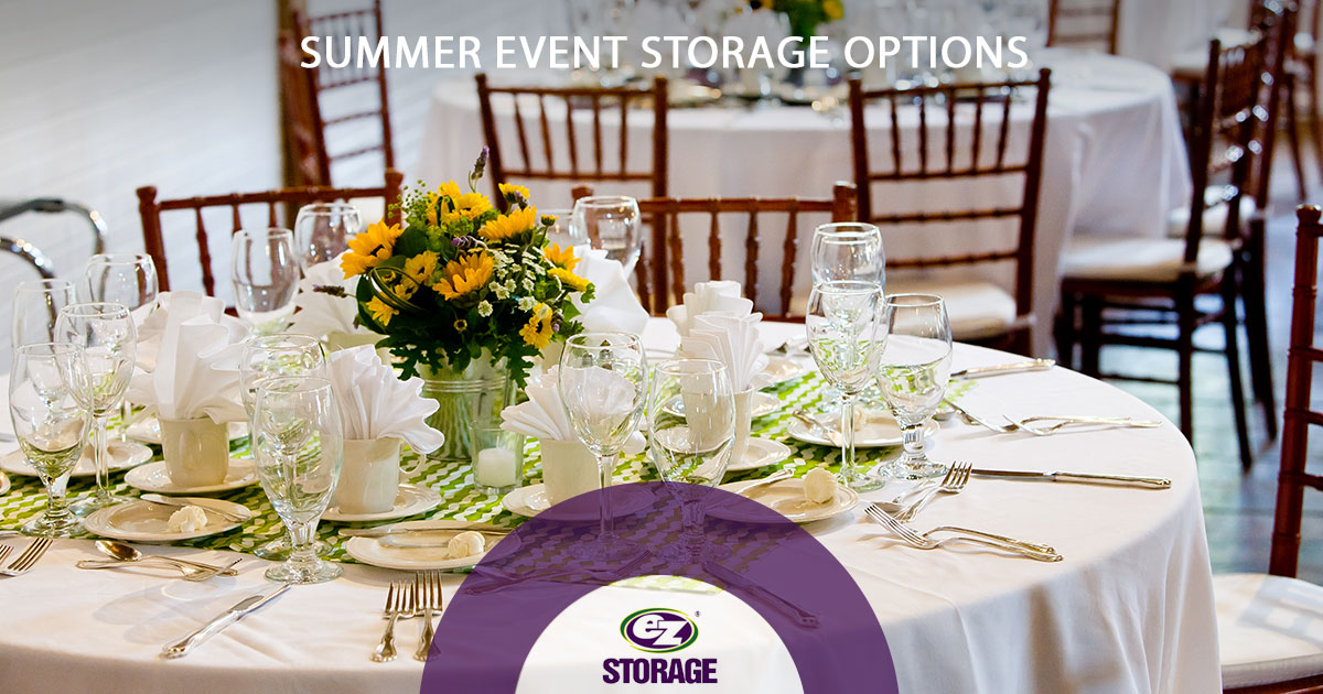 White clothed table decorated with text "Summer event storage options"