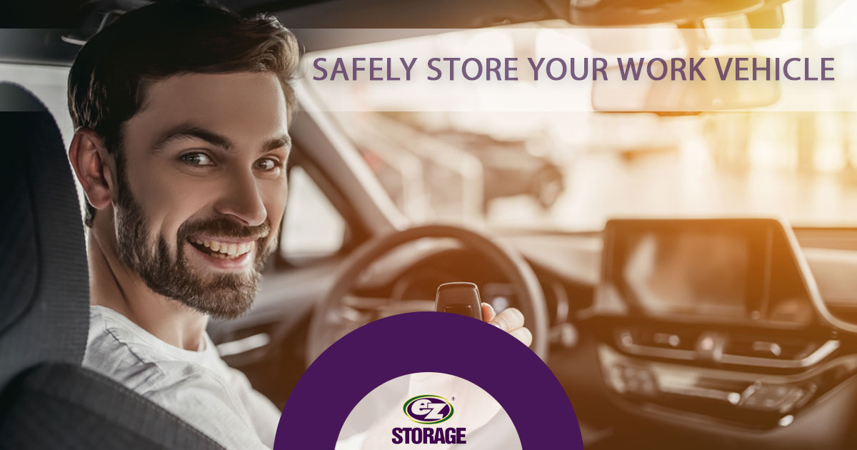 Man smiling inside his car with text "safely store your work vehicle"