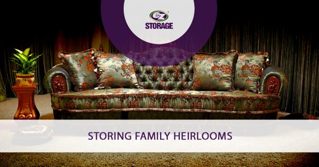 Satin antique couch in the middle of the room and text "Storing family heirlooms"