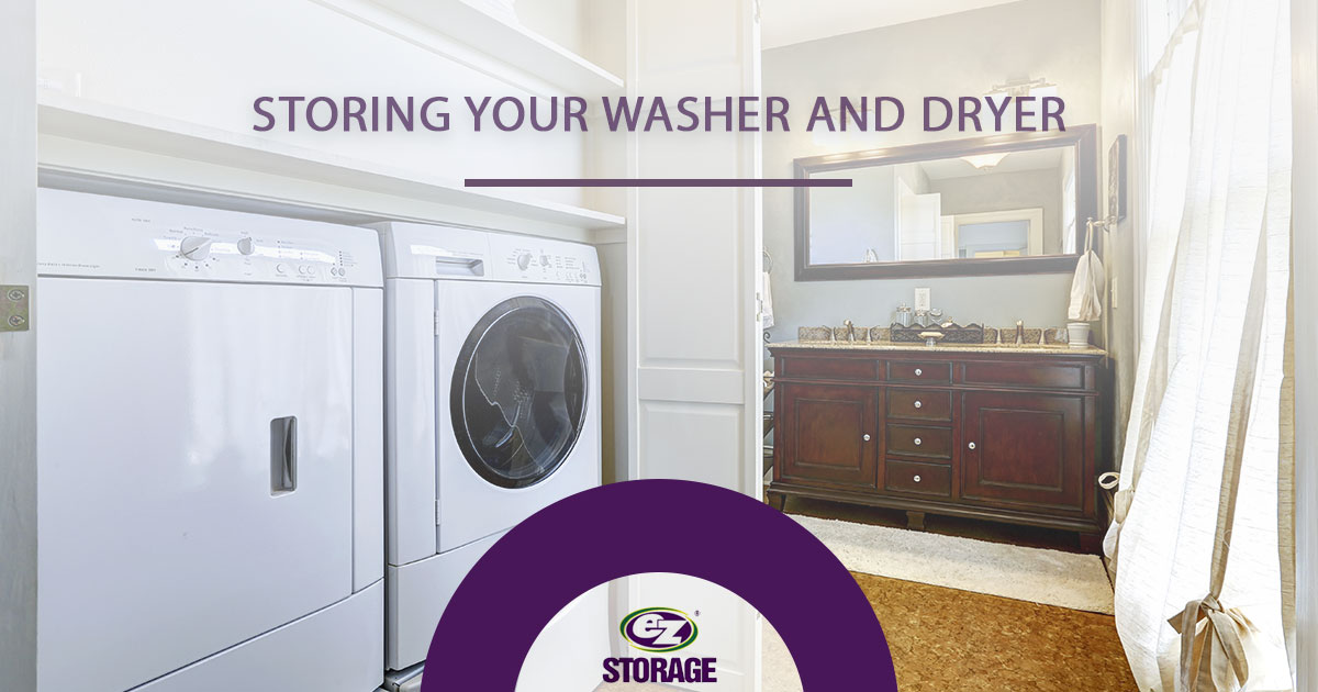 Laundry room with text "storing your washer and dryer"