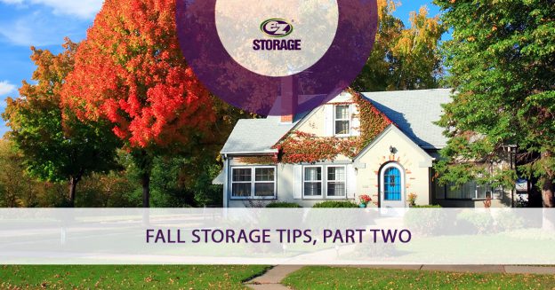 House surrounded my trees with autumn leaves and text "Fall storage tips, part two"