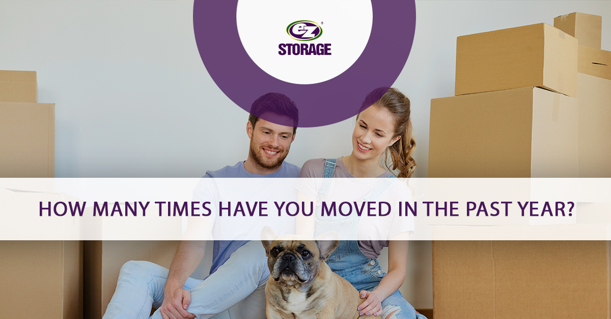 A couple on their dog sitting on the floor smiling surrounded by boxes and text "How many times have you moved in the past year?"