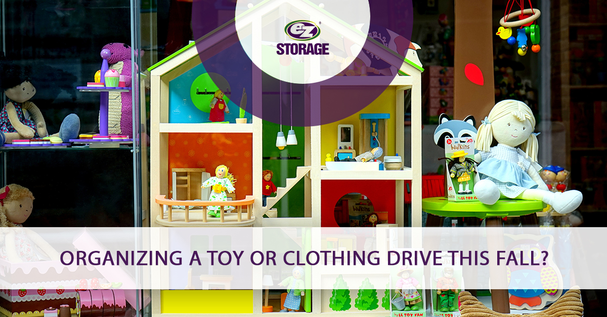 Colorful wooden playhouse and several toys with text "Organizing a toy or clothing drive this fall"