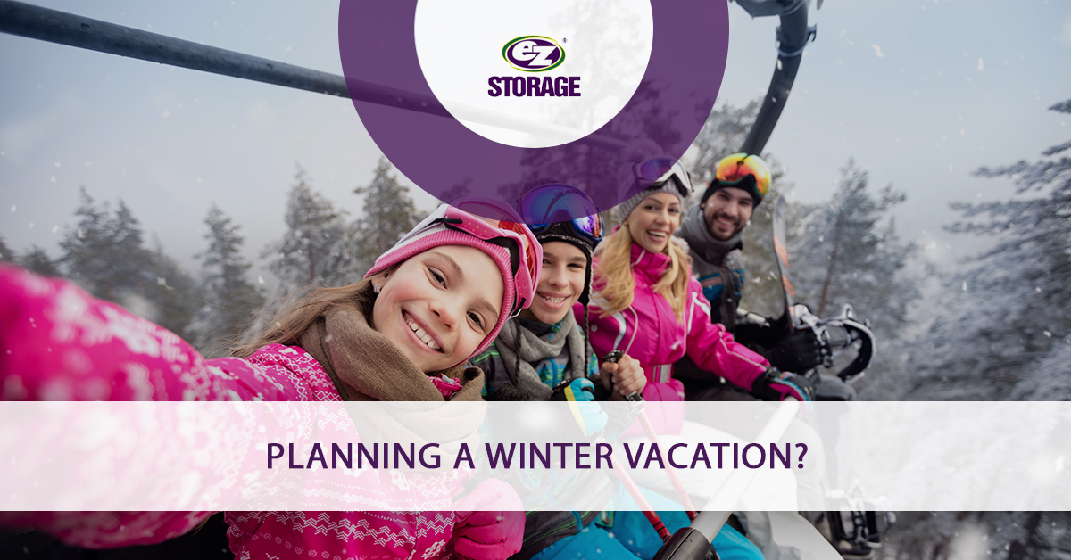 Family of four sitting on a ski lift smiling and text "Planning a winter vacation?"