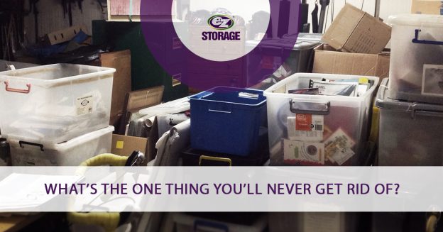 Room filled with boxes and containers filled with personal items and text "What's the one thing you'll never get rid of?"