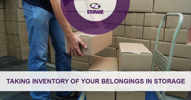 Man placing boxes on moving platform hand truck and text "Taking inventory of belongings in storage"