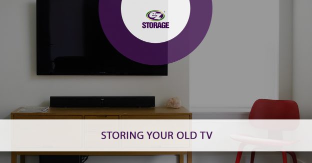 Modern tv mounted on wall and tv stand with text "Storing your old tv"