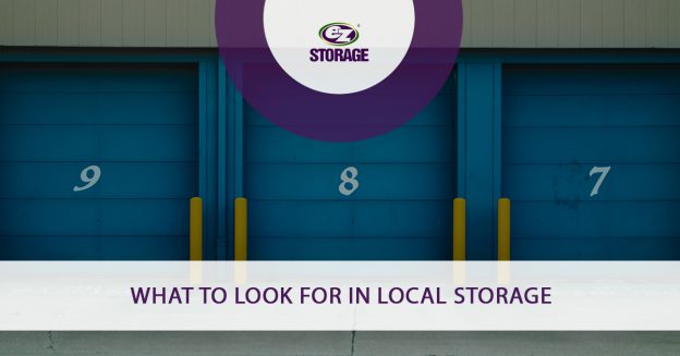 Blue colored storage unit lockers labeled with numbers 9,8,7 respectively and text " What to look for in local storage"
