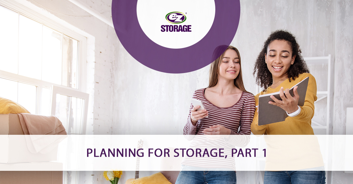 Two young adult females looking at a notebook and text "Planning for storage, part one"