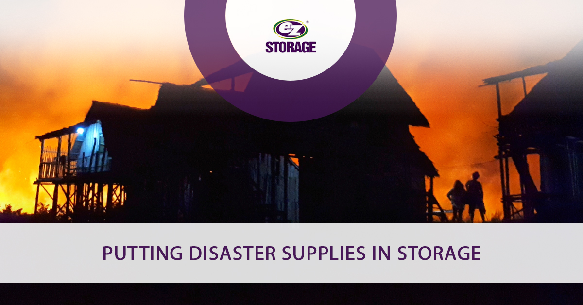 Burning building and text "Putting disaster supplies in storage"