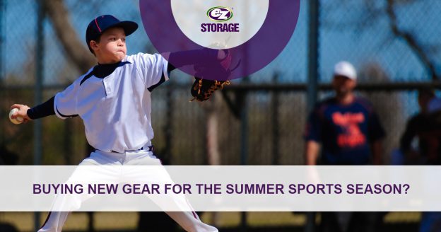 Youth baseball player throwing a ball and text "Buying new gear for the summer sports season?"