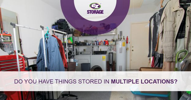 Racks of clothing in crowded garage space with text "Do You Have Things Stored In Multiple Locations"