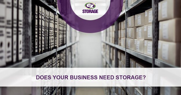 Storage space aisle with shelves of stored boxes and documents with banner text "Does your business need storage?"