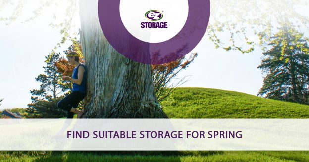 Female leaning on a tree and text "Find suitable storage for spring"