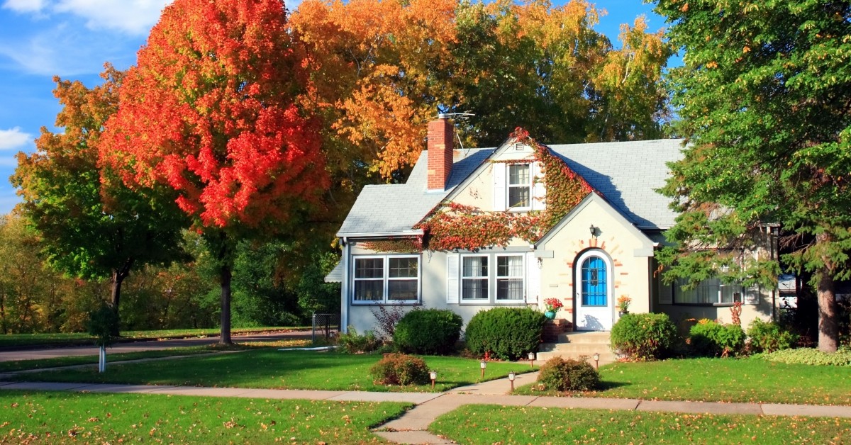 Frontal view of one-and-half-storied residential home with autumn leaves