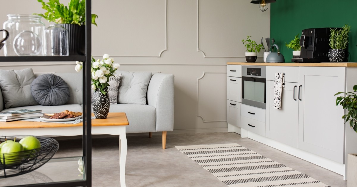 Closeup of small living room and kitchen area space