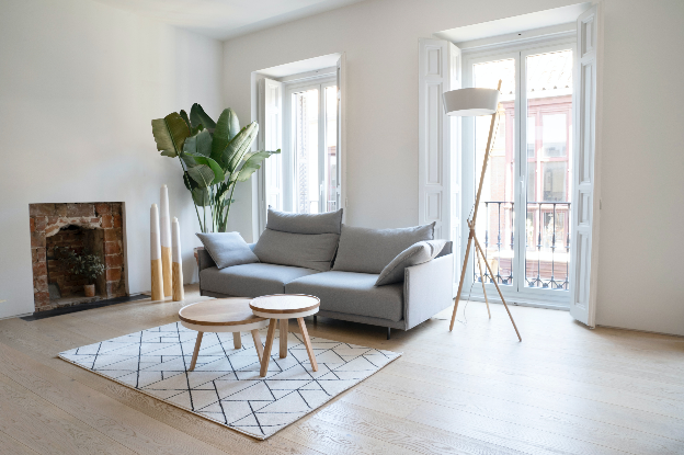 Studio apartment with furniture and window doors